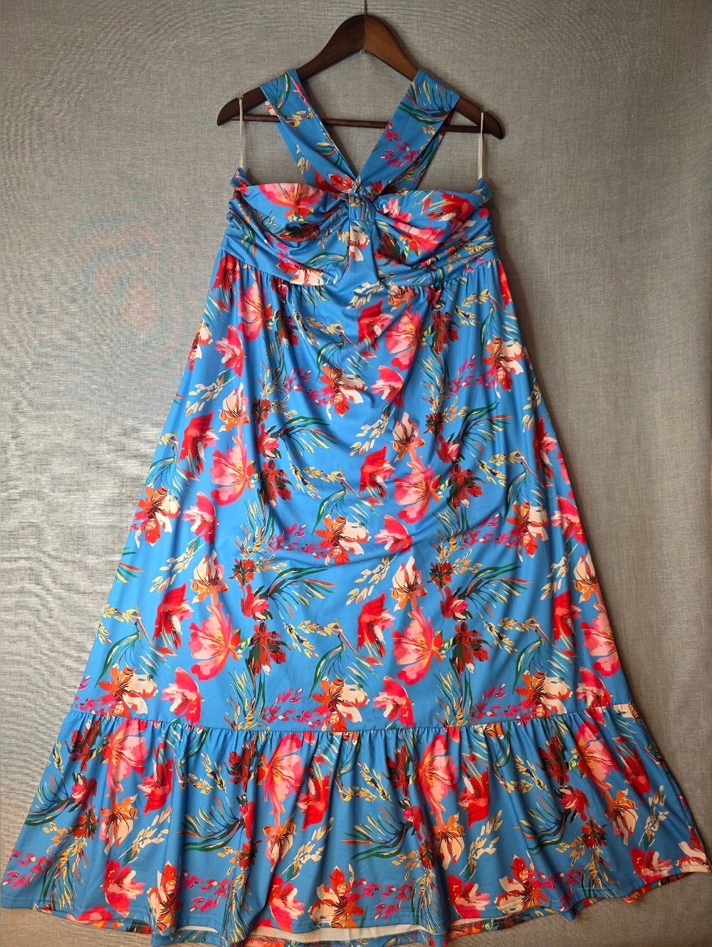 Grace Karen Tiered Blue Tropical Floral Sundress Sleeveless Gathered Neckline XL